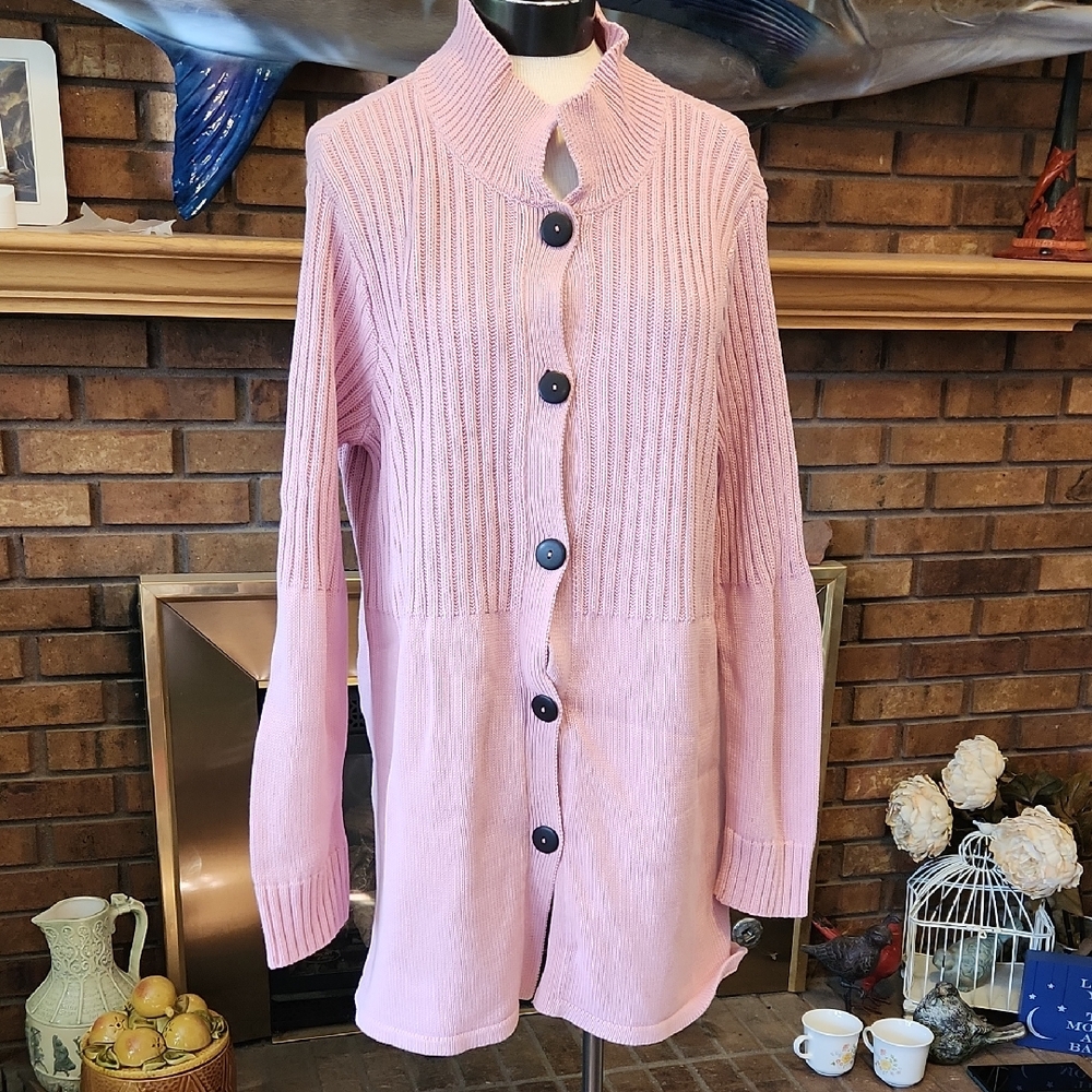 Monterey Bay Pink Ribbed Long Cardigan Jacket Size Large Vintage Made In UsA